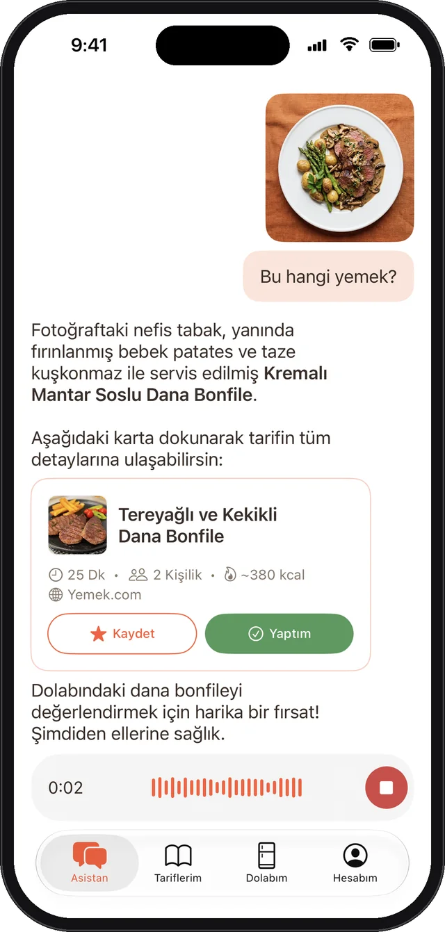 Kitcho Asistan bir yemek fotoğrafını tanıyıp Tereyağlı ve Kekikli Dana Bonfile tarifini öneriyor