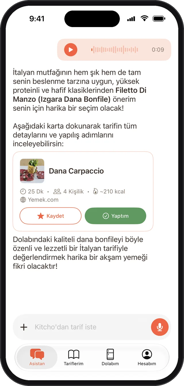 Sesli mesajla sorulan soruya Asistan'ın Dana Carpaccio tarifini önermesi