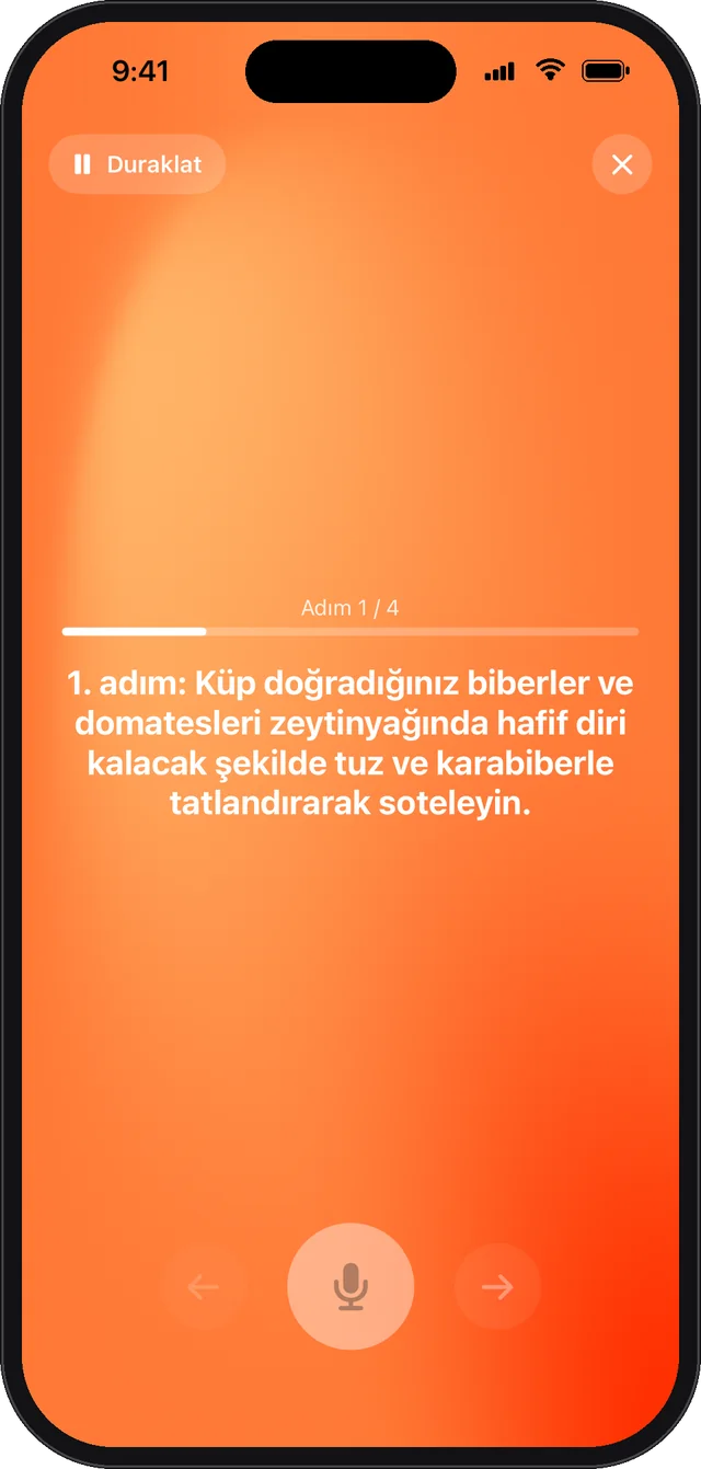 Tarifi Birlikte Yapalım ekranı: 1. adım sesli okunuyor, Duraklat düğmesi görünüyor