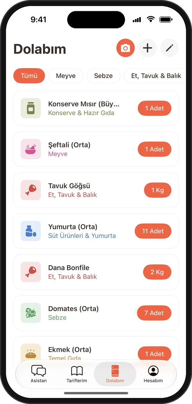 Dolabım ekranı: kategorilerine göre renklendirilmiş ürün listesi